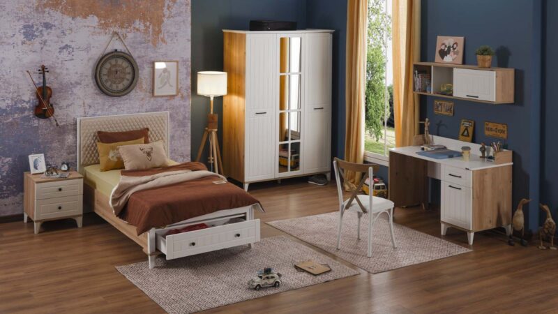 Chambre enfant complète "Diamant" en chêne blanc et clair.