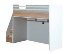 Komplett funktionelles „Diamond“-Kinderzimmer mit Brückenbett in Weiß und heller Eiche.