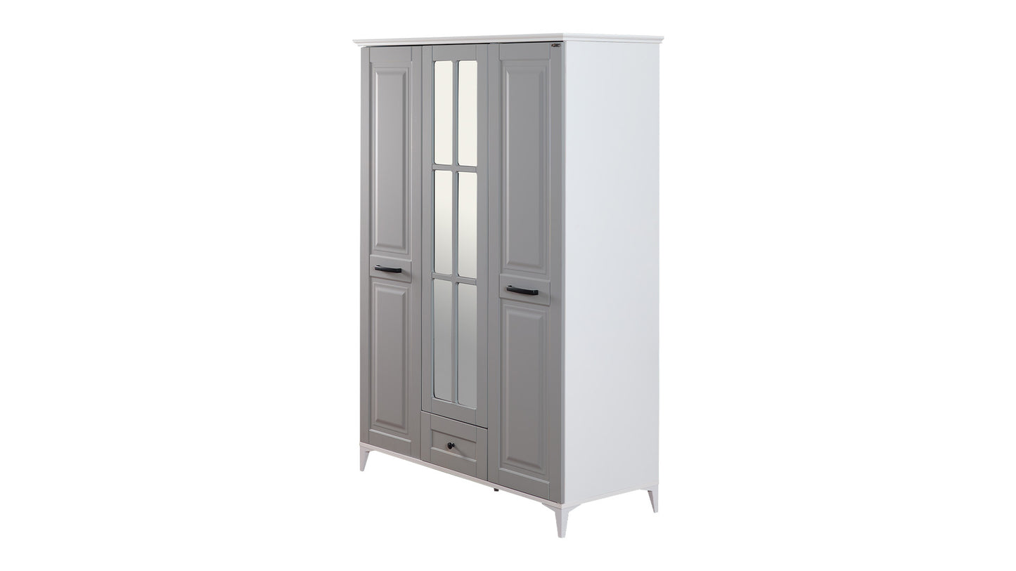 Komplettes Kinderzimmer „Eva“ im eleganten Stil in hellgrau und weiß, Kleiderschrank mit 3 Türen.