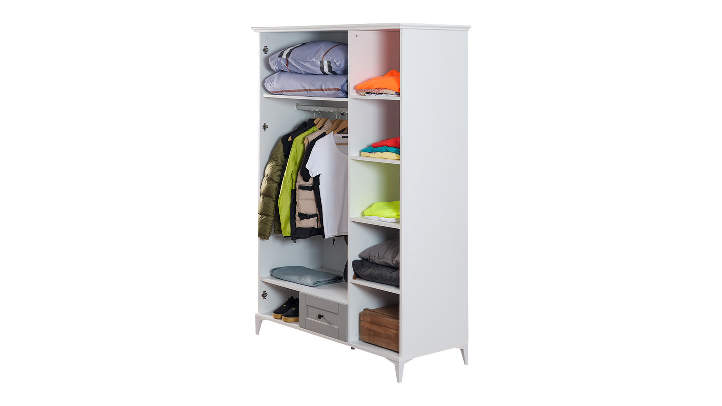 Komplettes Kinderzimmer „Eva“ im eleganten Stil in hellgrau und weiß, Kleiderschrank mit 3 Türen.