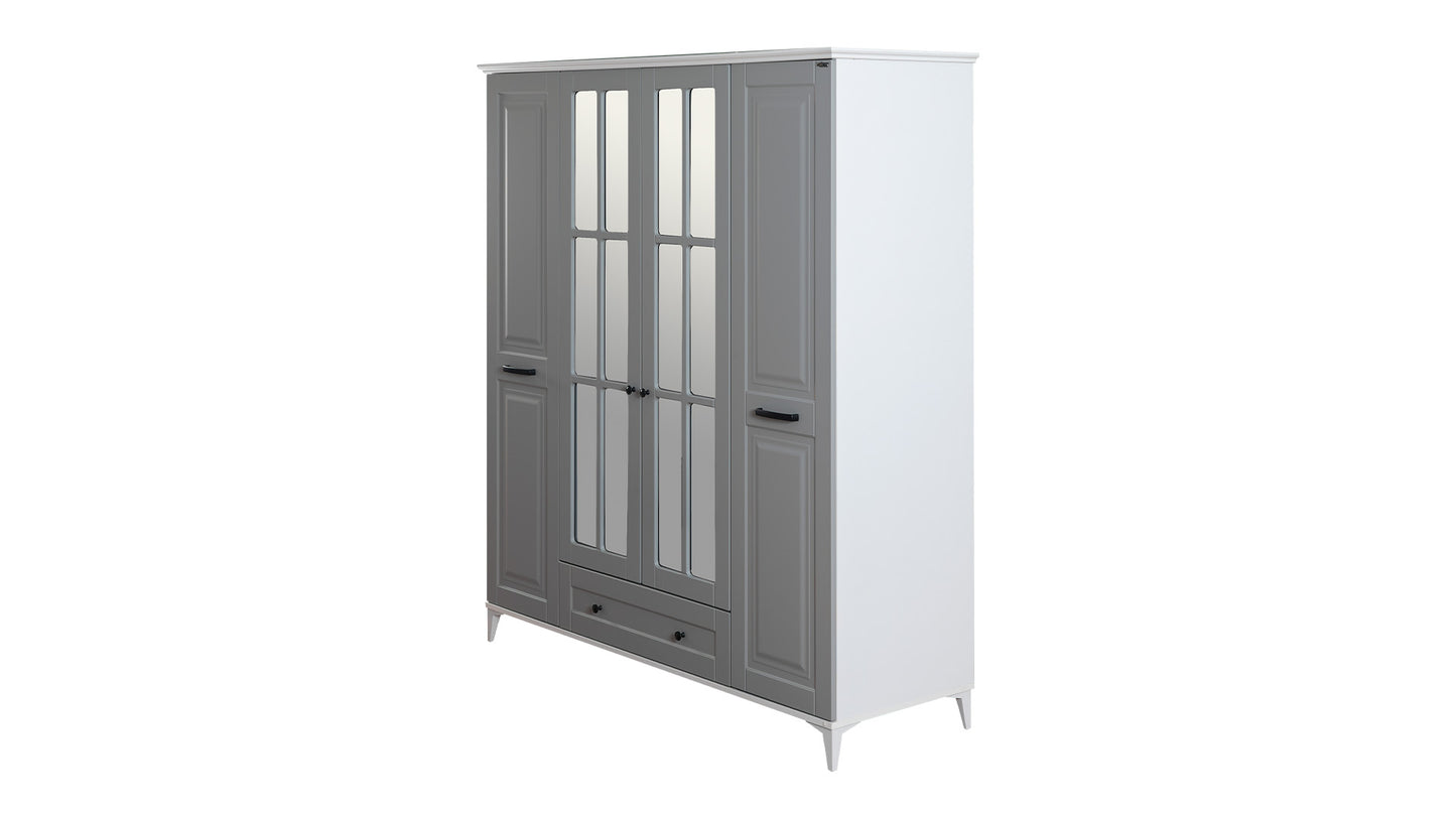 Komplettes Kinderzimmer „Eva“ im eleganten Stil in hellgrau und weiß, Kleiderschrank mit 4 Türen.