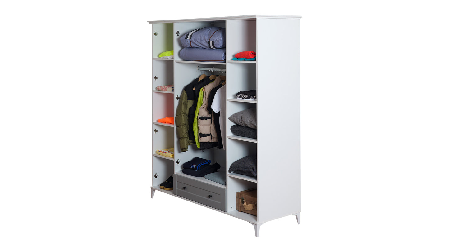 Komplettes Kinderzimmer „Eva“ im eleganten Stil in hellgrau und weiß, Kleiderschrank mit 4 Türen.
