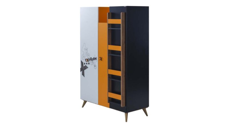Chambre d'enfant complète "Extreme", style street moderne, gris, orange, noir et bois avec canapé-lit.