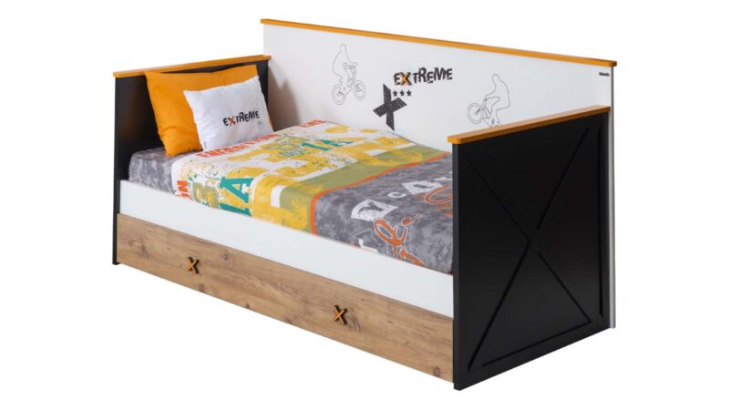 Chambre d'enfant complète "Extreme", style street moderne, gris, orange, noir et bois avec canapé-lit.