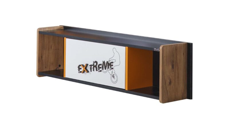 Komplettes Jungenschlafzimmer „Extreme“, moderner Streetstyle mit Extreme-Schriftzug in Hellgrau, Orange, Schwarz und Eiche.