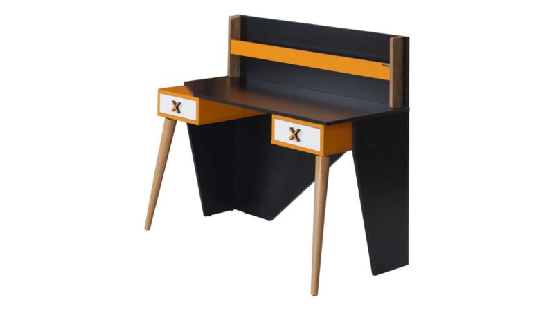 Komplettes Jungenschlafzimmer „Extreme“, moderner Streetstyle mit Extreme-Schriftzug in Hellgrau, Orange, Schwarz und Eiche.