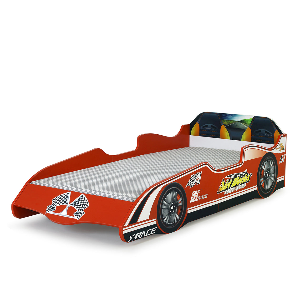 Lit simple en forme de voiture de sport F1 rouge, matelas inclus.