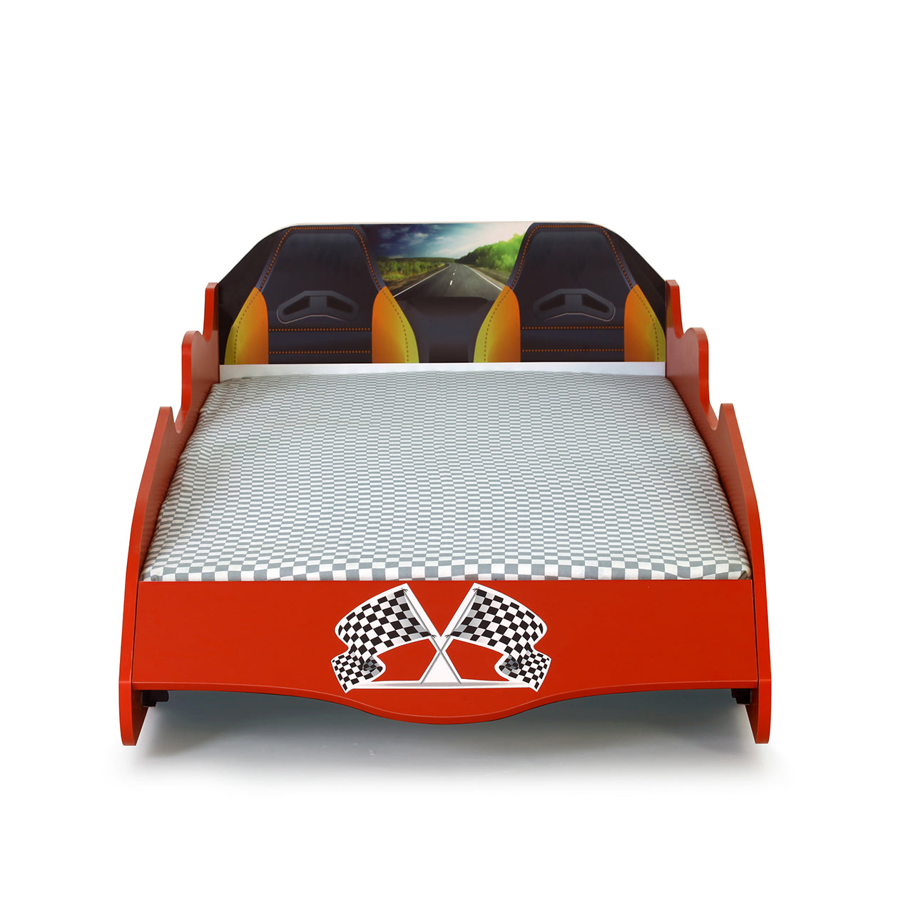 Lit simple en forme de voiture de sport F1 rouge, matelas inclus.