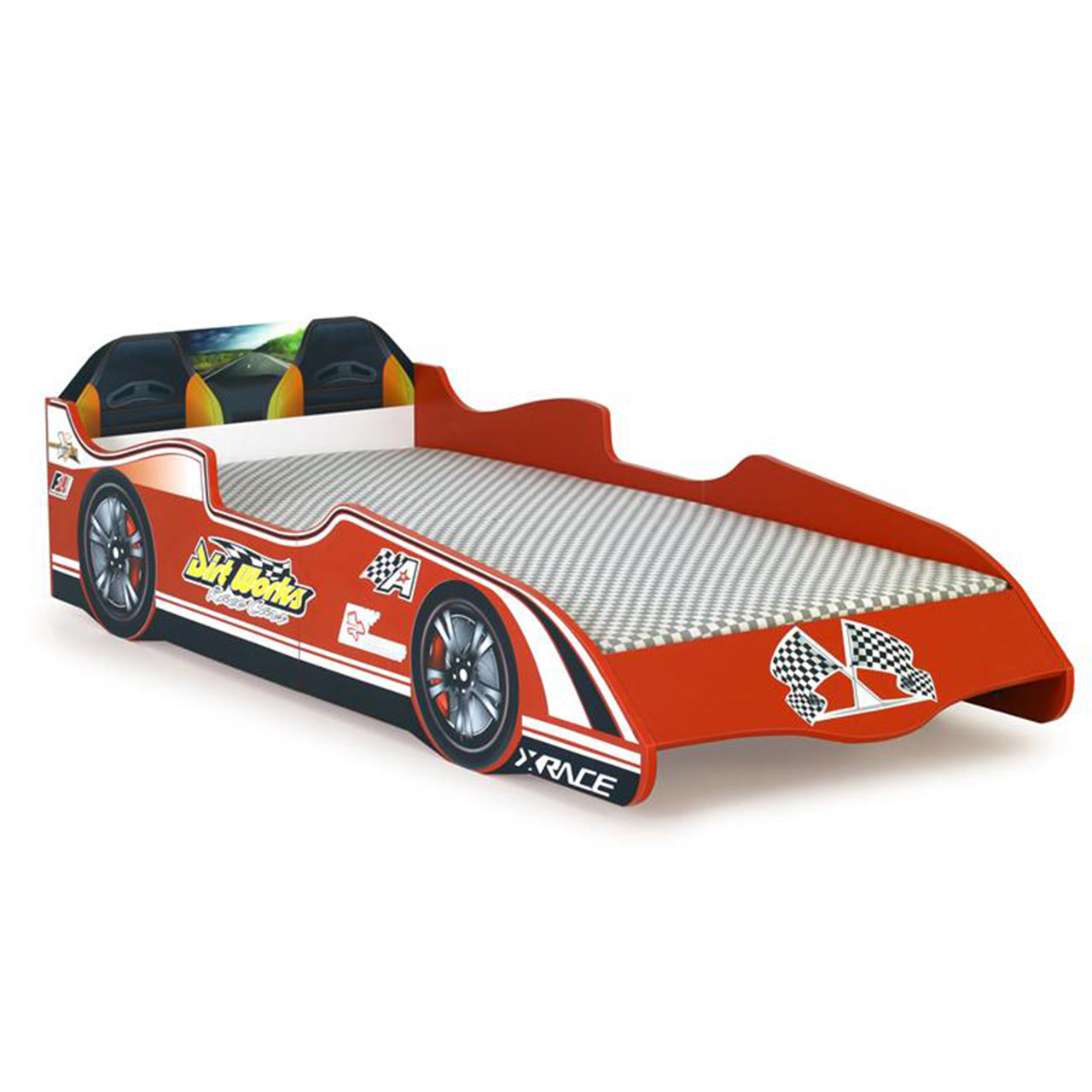Lit simple en forme de voiture de sport F1 rouge, matelas inclus.