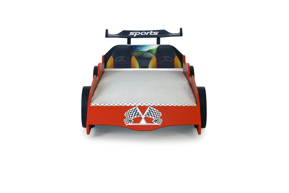 Lit simple en forme de voiture de sport F1 rouge, matelas inclus.