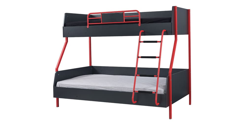 Cameretta completa per ragazzo con letto a castello "Flow" grigio antracite e rosso.