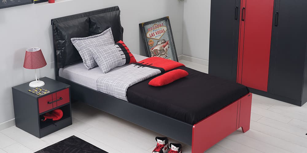 Chambre garçon complète avec lit simple "Flow" gris anthracite et rouge.