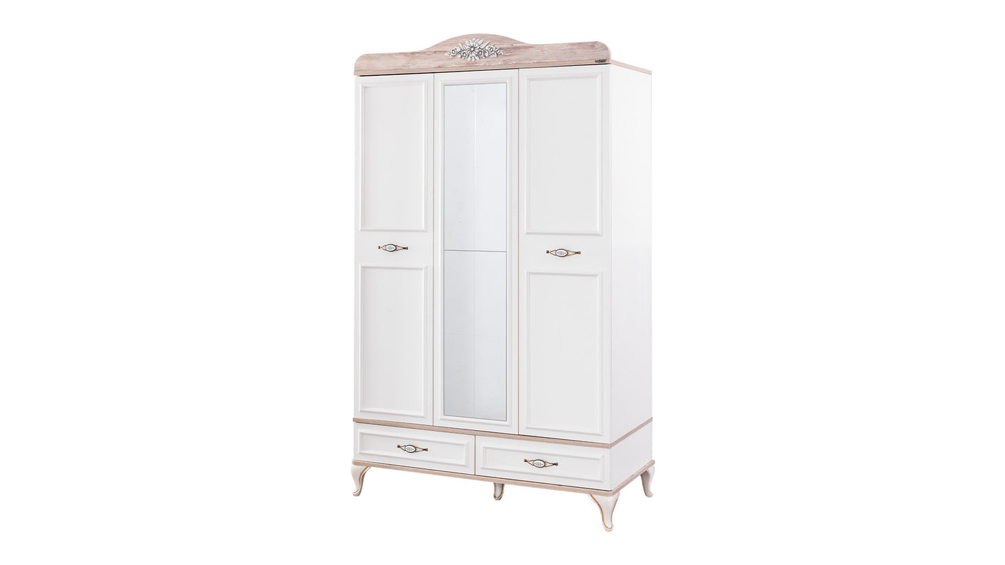 Cameretta completa per ragazza "Golden" colore bianco e legno chiaro con letto a castello compatto.