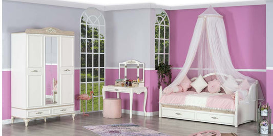 Komplettes Mädchenschlafzimmer „Golden“ in Weiß und hellem Holz