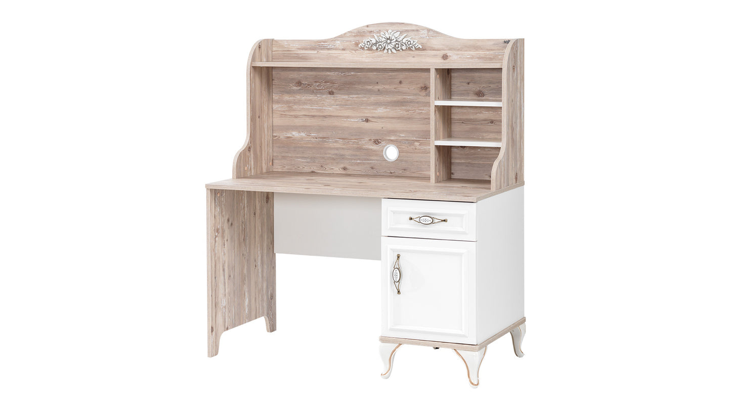 Cameretta completa per ragazza "Golden" colore bianco e legno chiaro con letto a castello compatto.