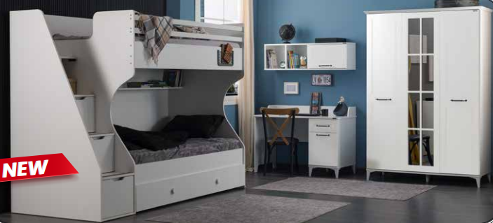 Cameretta completa per ragazzi "Golf" stile modern country colore bianco con letto a castello compatto.