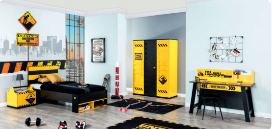 Cameretta completa per ragazzi "Greyder" stile trattori e movimento terra colore nero e giallo.