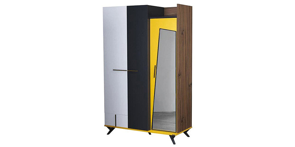 Cameretta completa per bambini "Halley" stile moderno con letto a castello compatto colore bianco, grigio, antracite e giallo.