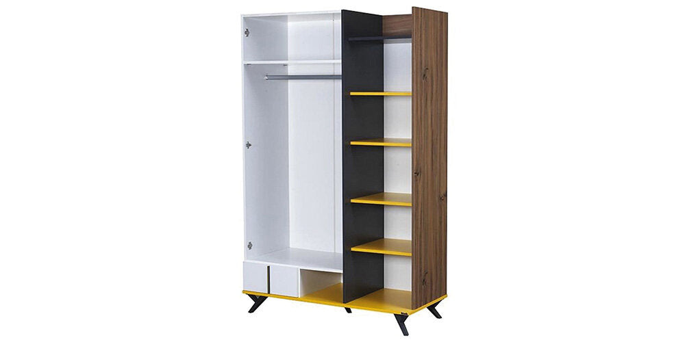 Cameretta completa per bambini "Halley" stile moderno con letto a castello compatto colore bianco, grigio, antracite e giallo.