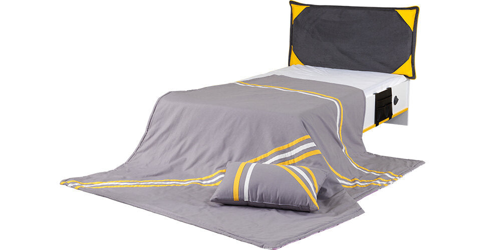 Cameretta completa per bambini "Halley" stile moderno con letto a castello compatto colore bianco, grigio, antracite e giallo.