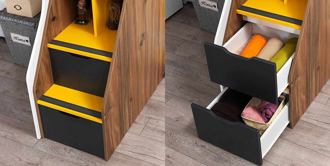 Cameretta completa per bambini "Halley" stile moderno con letto a castello compatto colore bianco, grigio, antracite e giallo.