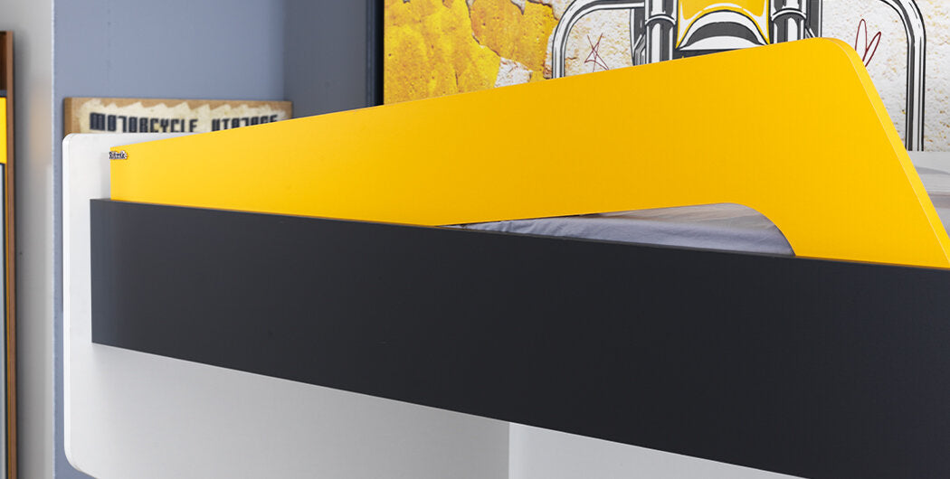 Cameretta completa per bambini "Halley" stile moderno con letto a castello compatto colore bianco, grigio, antracite e giallo.
