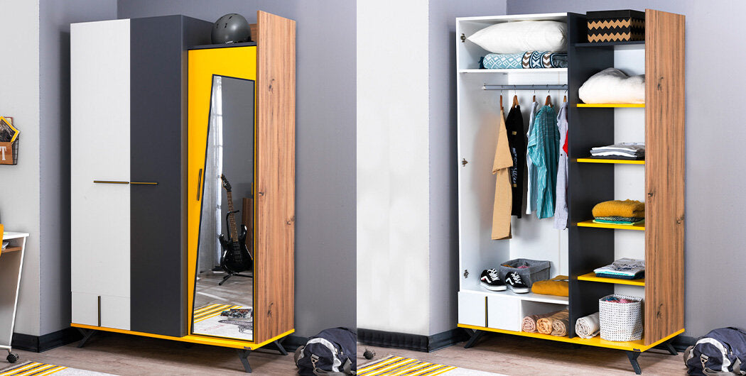 Cameretta completa per bambini "Halley" stile moderno con letto a castello compatto colore bianco, grigio, antracite e giallo.