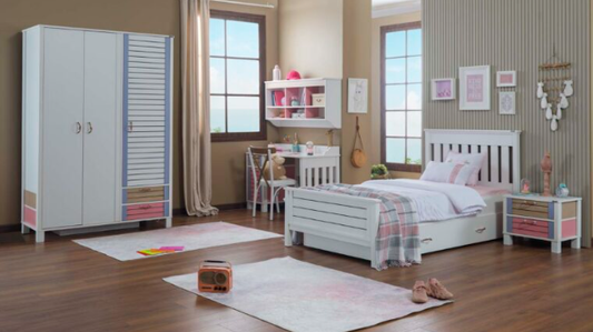 Komplettes Schlafzimmer für Mädchen „Hayal“ im romantischen Stil Weiß, Rosa, Beige und Lila.