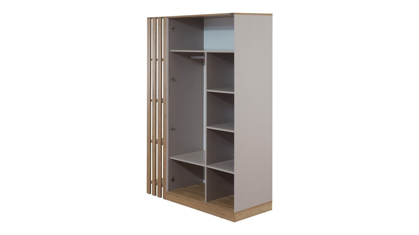 Komplettes Kinderzimmer „Huga“ im linearen und funktionalen Stil in Naturholz und Beige.