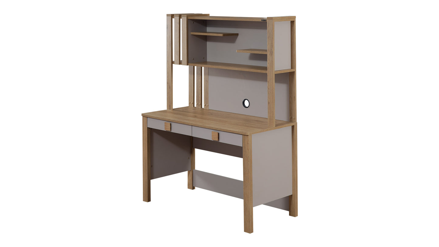 Komplettes Kinderzimmer „Huga“ im linearen und funktionalen Stil in Naturholz und Beige.