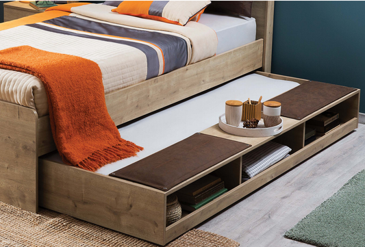 Mokka-Ausziehbett mit Trennwänden (90x190 cm)