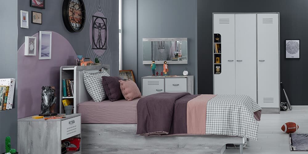 Cameretta completa per ragazzo/a "Intelligente" colore bianco e grigio con letto contenitore.