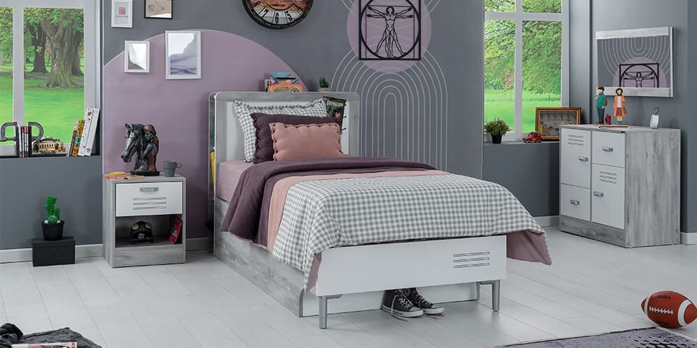 Cameretta completa per ragazzo/a "Intelligente" colore bianco e grigio con letto contenitore.
