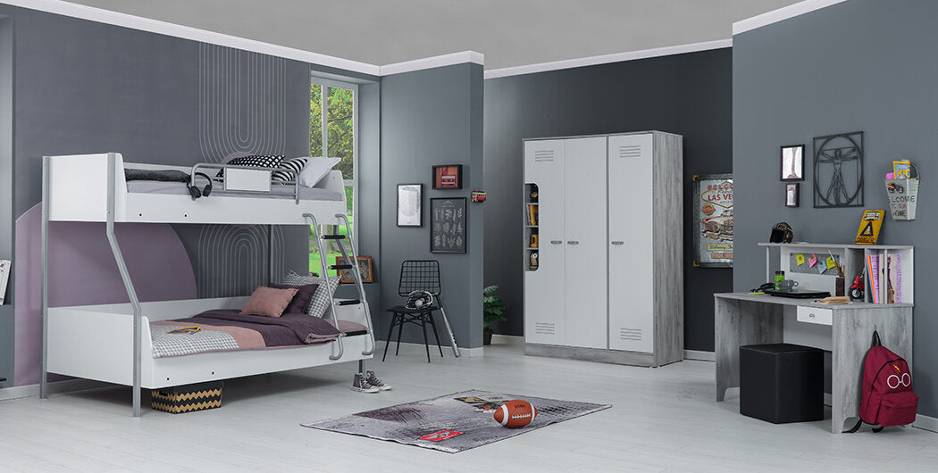 Cameretta completa per ragazzo/a "Intelligente" colore bianco e grigio con letto a castello.