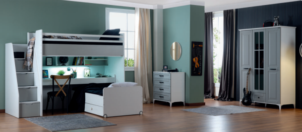 Cameretta completa per ragazzi "Joker" colore bianco e grigio chiaro con letto a ponte e letto estraibile.