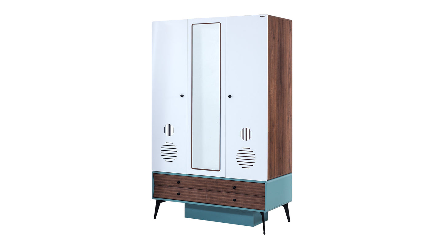Cameretta completa per ragazzi "Kampus" color azzurro, blu, bianco e legno.