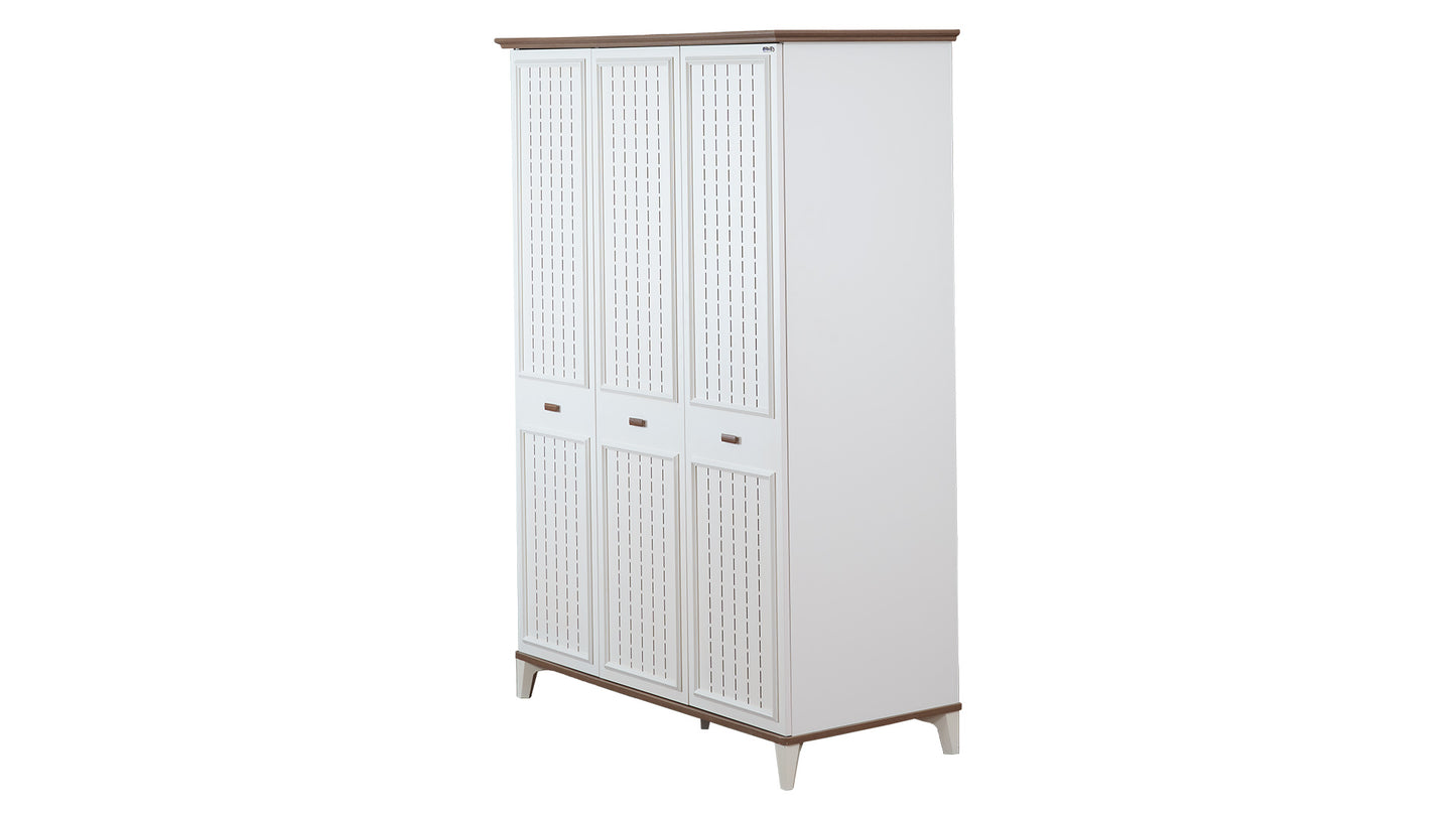 Cameretta completa per ragazzi "Katre" stile modern country color panna e legno noce con secondo letto estraibile.
