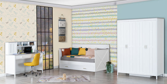 Komplettes Kinderzimmer „Lima“ mit Schlafsofa in Weiß.