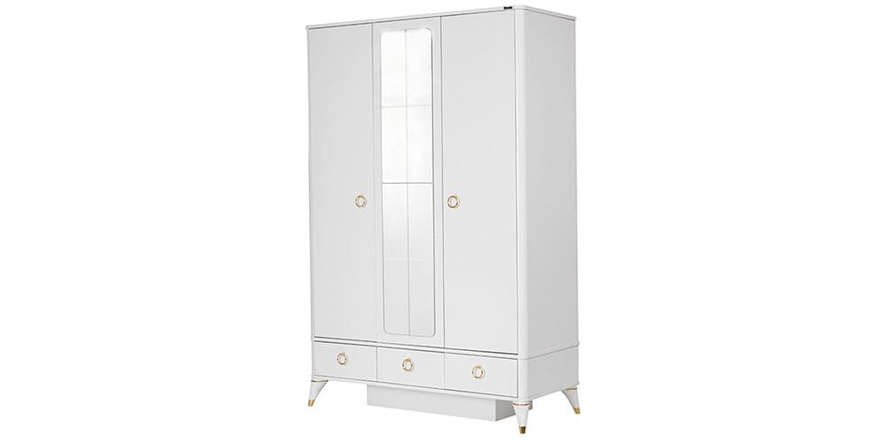 Chambre complète pour filles "Masal", style classique élégant, couleur blanche avec détails dorés, armoire à trois portes.