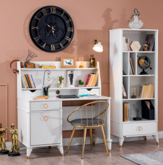 Chambre complète pour filles "Masal", style classique élégant, couleur blanche avec détails dorés, armoire à trois portes.