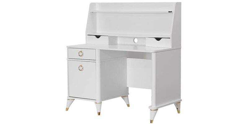 Chambre complète pour filles "Masal", style classique élégant, couleur blanche avec détails dorés, armoire à trois portes.