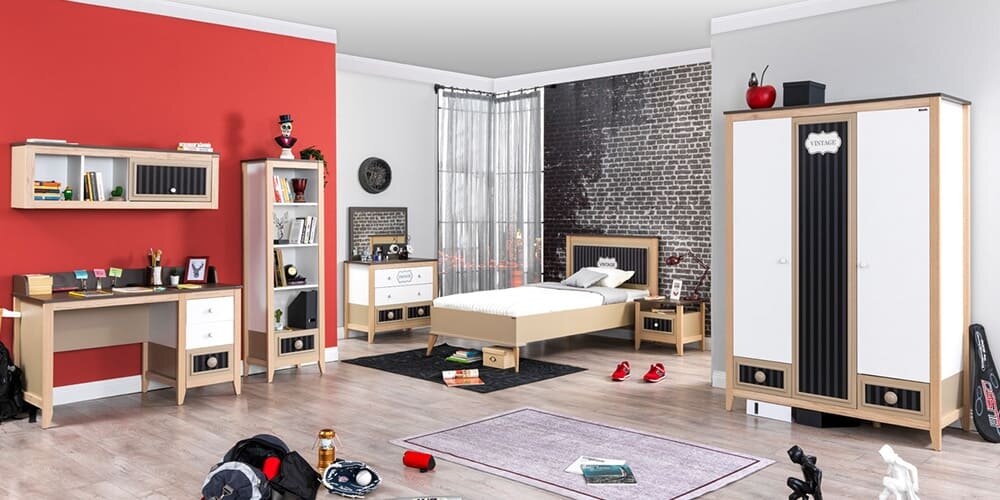 Cameretta completa per ragazzi "Melody" stile vintage bianca, legno chiaro e grigio.