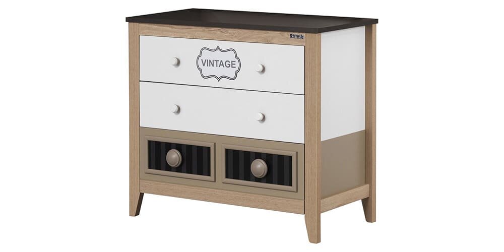 Cameretta completa per ragazzi "Melody" stile vintage bianca, legno chiaro e grigio.
