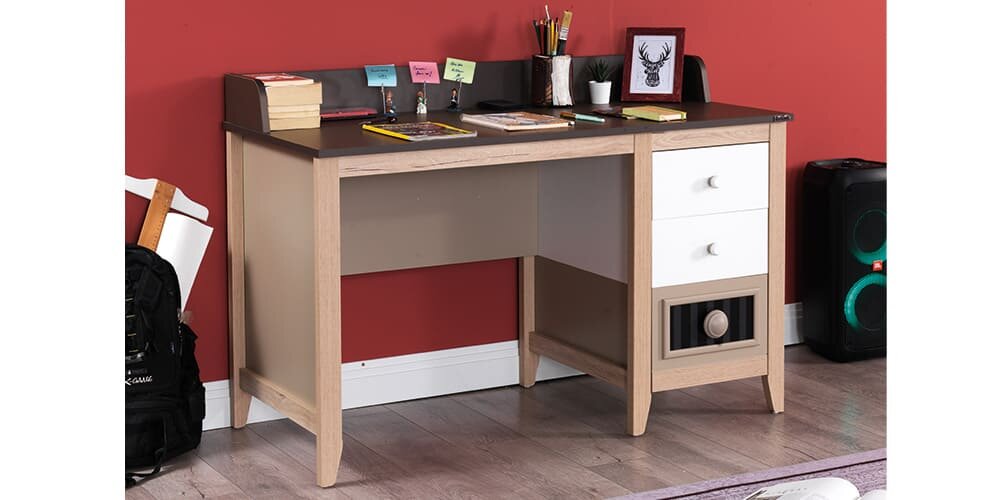 Cameretta completa per ragazzi "Melody" stile vintage bianca, legno chiaro e grigio.