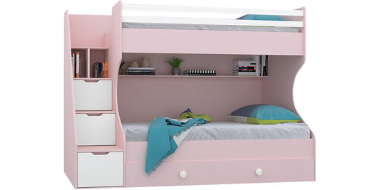 Komplettes Mädchenzimmer „Mina“ mit rosa-weißem, kompaktem Etagenbett