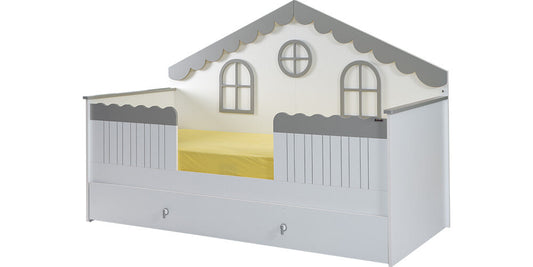 Komplettes Kinderzimmer „My Way Monterossi“ mit weißem und grauem Hausbett.