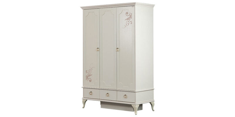 Komplettes Mädchenzimmer „New Alacati“ im romantischen Stil mit Einzelbett und dreitürigem Kleiderschrank.