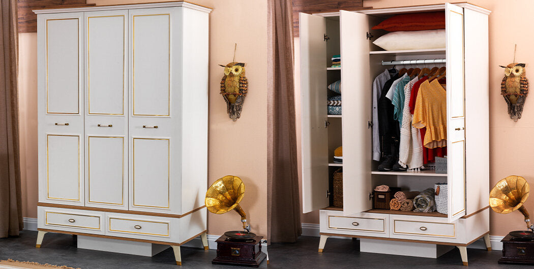 Cameretta completa classica per ragazza "Nuovo Sogno" con letto ad una piazza e mezza colore bianco, legno e particolari oro..