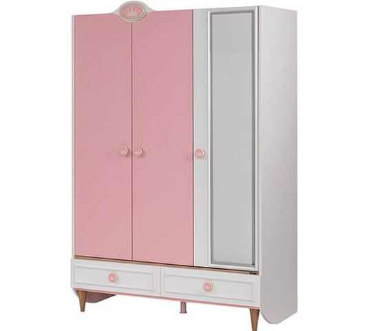 Komplettes klassisches Schlafzimmer für Mädchen „Oyku“ in Weiß, Rosa und hellem Holz mit dreitürigem Kleiderschrank.