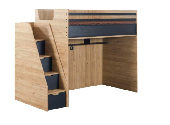Cameretta completa per ragazzi "Petra" stile industriale colore rovere chiaro e grigio antracite con letto a castello compatto.